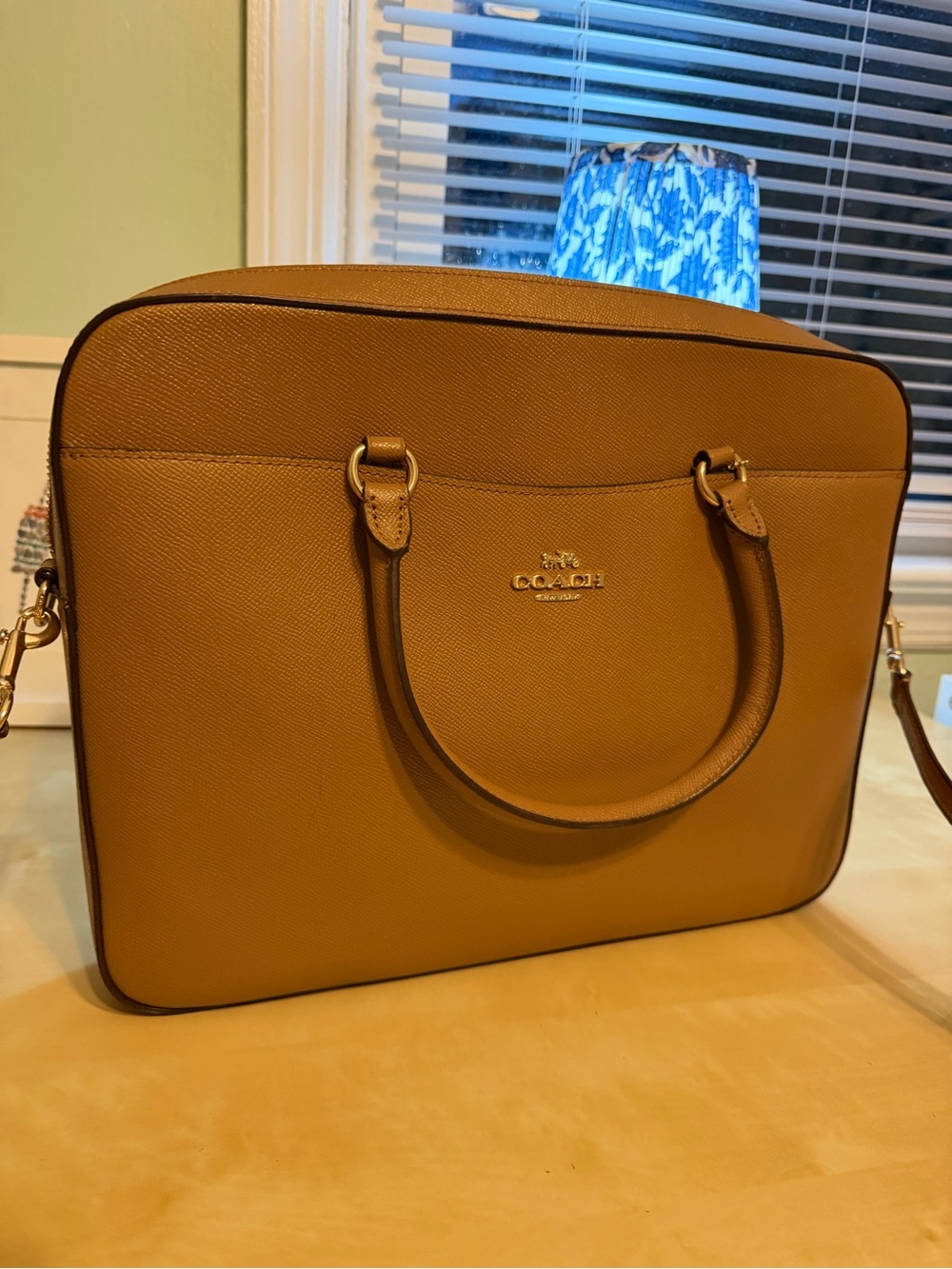 Coach Tan Pebble Leather Laptop Satchel with Gold Hardware